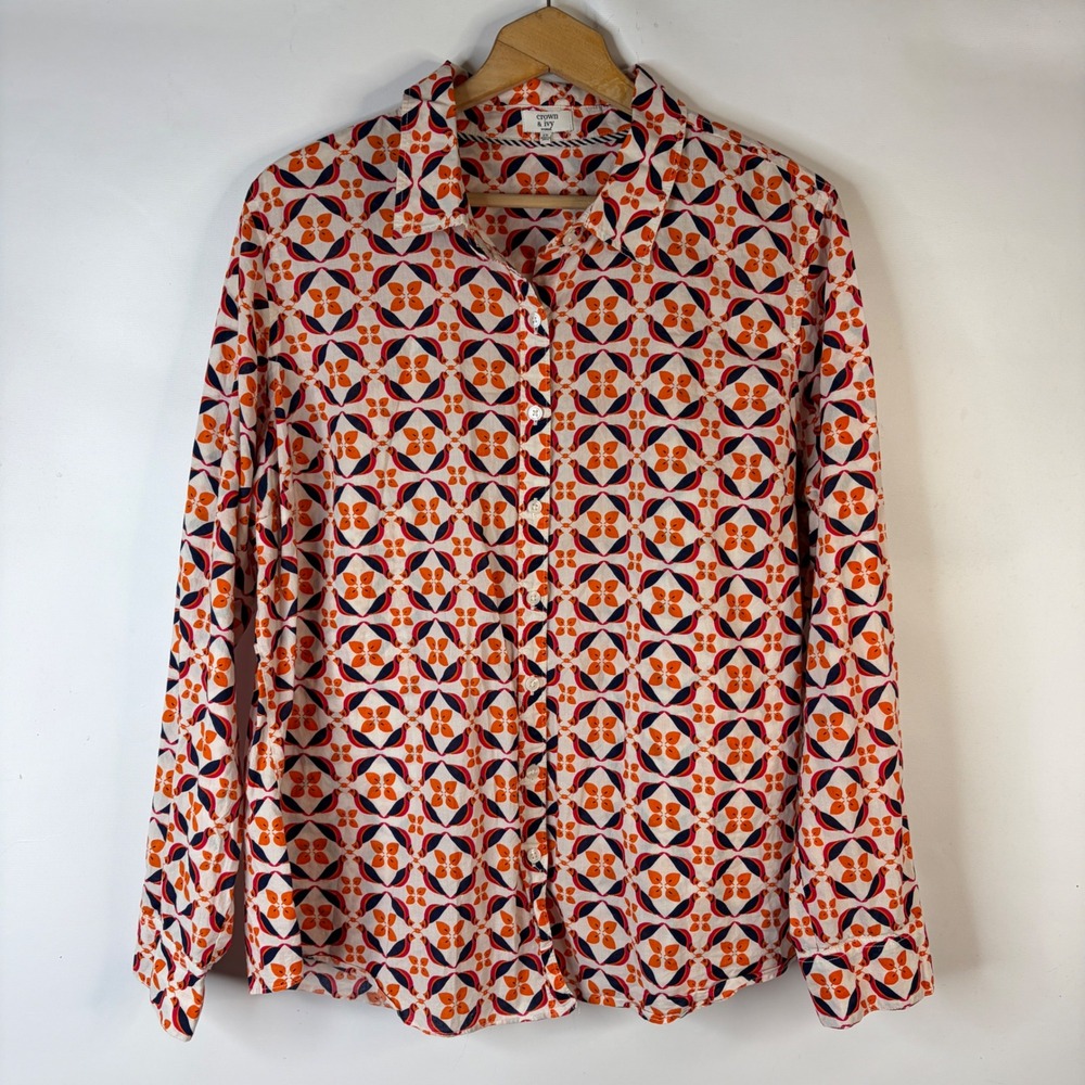 Crown & Ivy Button Down Shirt Women 2X Orange Navy Floral Geometric Long Sleeve